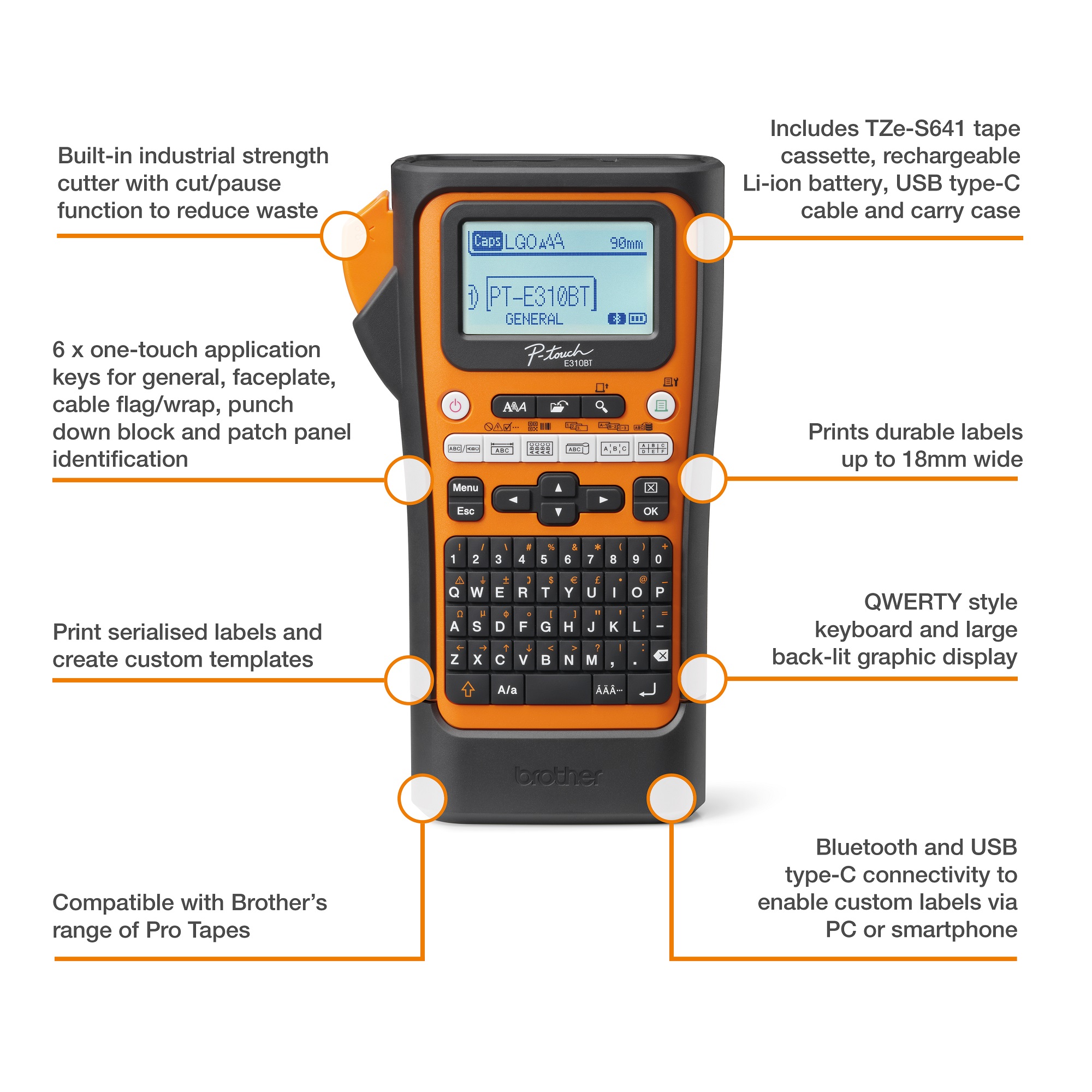 pte310btvpql1 Brother PTE310BTVPQL1 Handheld Label Printer, 18 mm Max Label Width