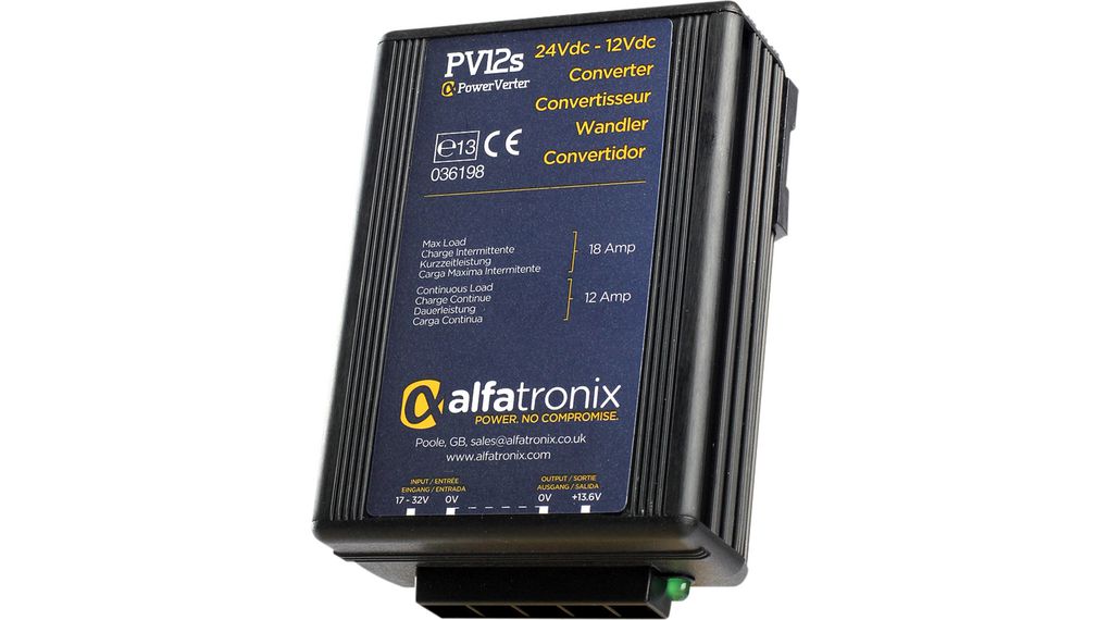 Alfatronix PV DC/DC Converter, 13.6V dc/, 12V Input 18, 12V Input, Clip, 30 °C Max Temp -25 °C Min Temp