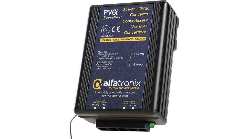Alfatronix PV DC/DC Converter, 13.6V dc/ 6 A, 17V dc Input, 17V dc Input 72 W, Clip, 30 °C Max Temp -25 °C Min Temp