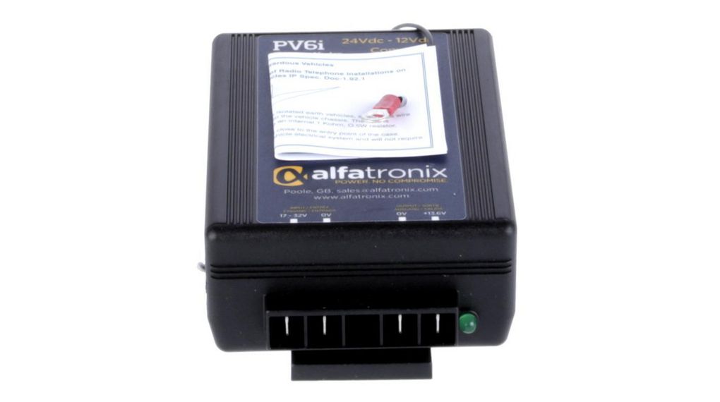 pv6i Alfatronix PV DC/DC Converter, 13.6V dc/ 6 A, 17V dc Input, 17V dc Input 72 W, Clip, 30 °C Max Temp -25 °C Min Temp