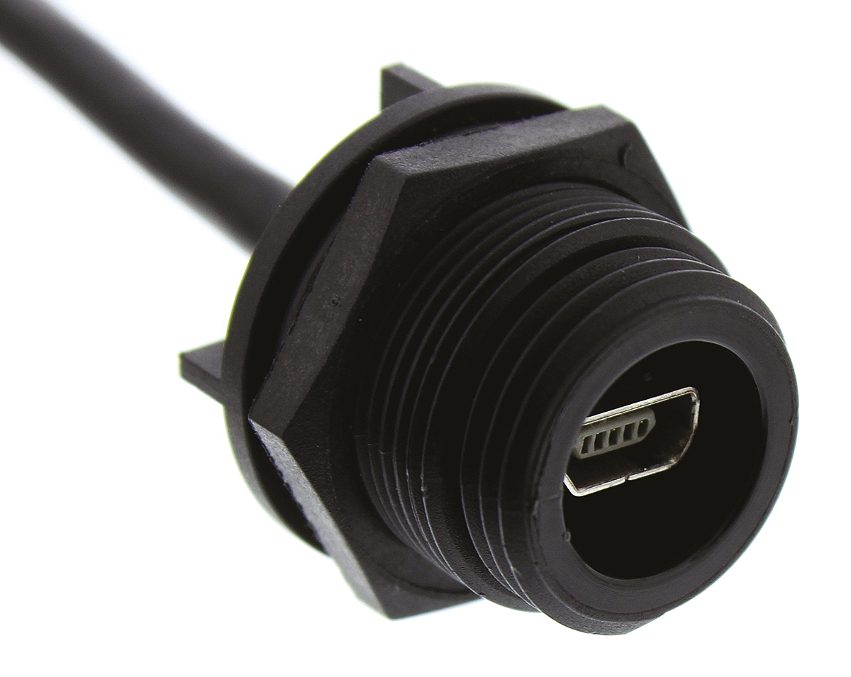 px0457 Bulgin USB Cable, Male Mini USB Type AB (Mountable) to Male, USB 2.0 6-Pin Header, Black, 100 mm