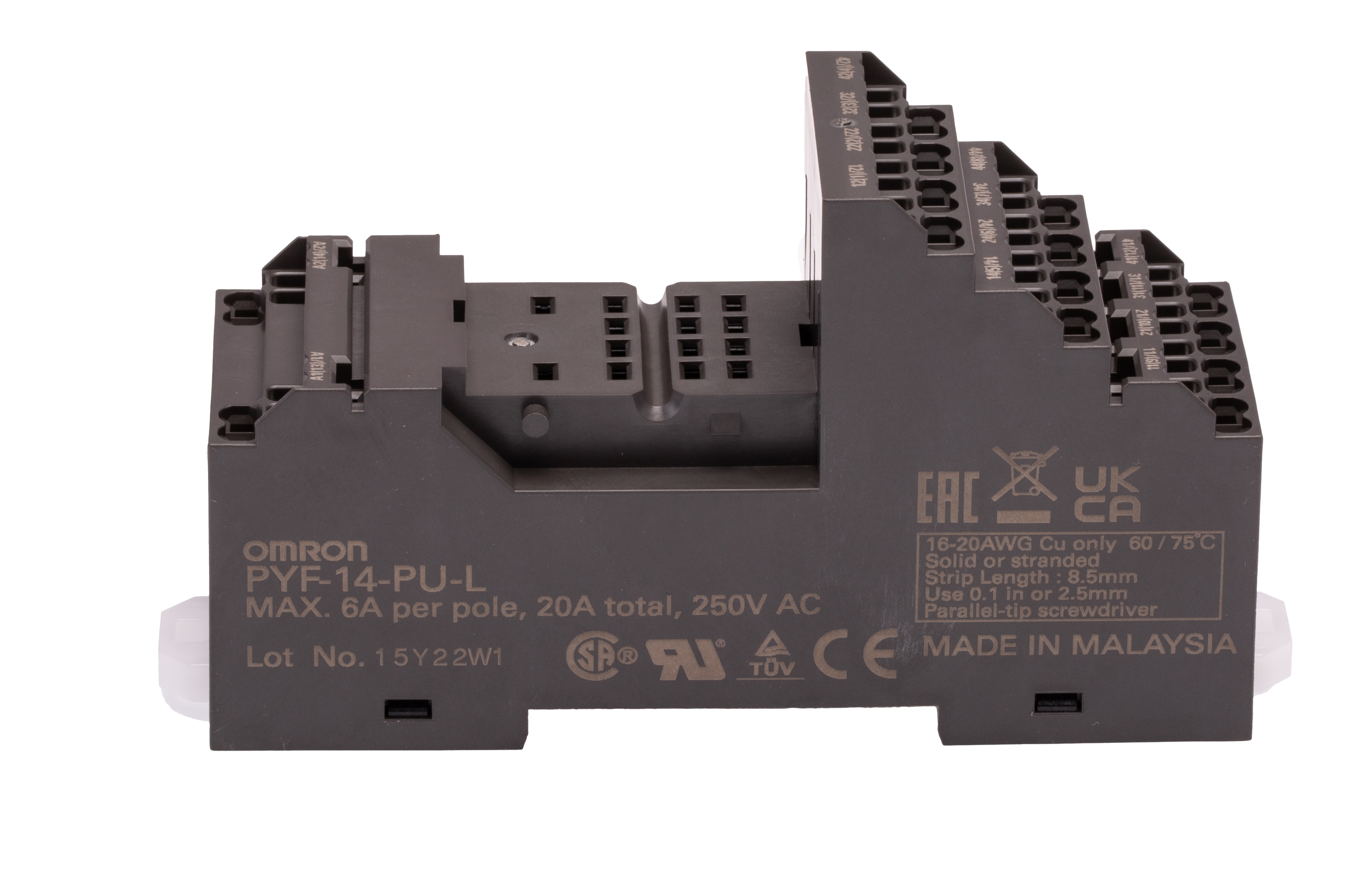 pyf-14-pu-l Omron PYF 14 Way 250V ac DIN Rail Relay Socket, for use with H3Y Series Timer, H3YN Series Timer