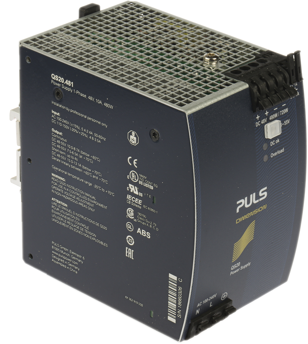 PULS DIMENSION Switched Mode DIN Rail Power Supply 240V ac AC Input 55V dc, 10 A Output DC 480 W