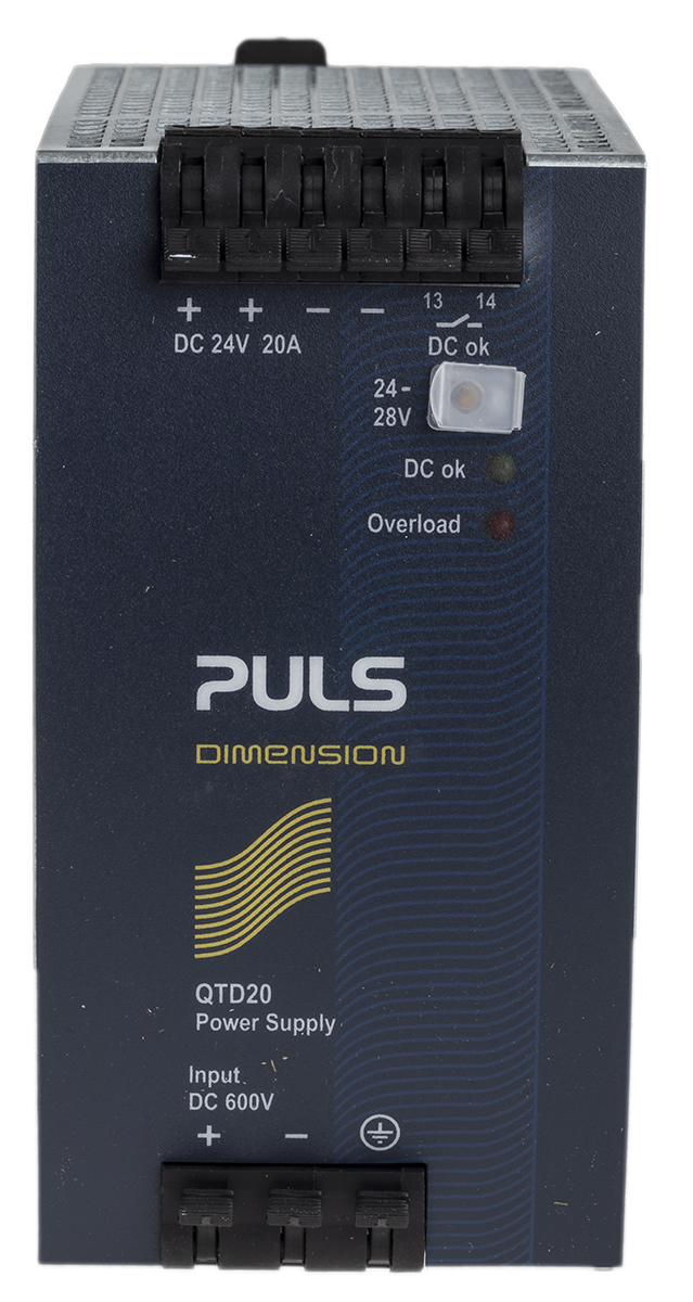 PULS Q DC/DC Converter, 24V dc/ 20 A, 600V dc Input, 600V dc Input, DIN Rail 480 W, 70 °C Max Temp -25 °C Min Temp