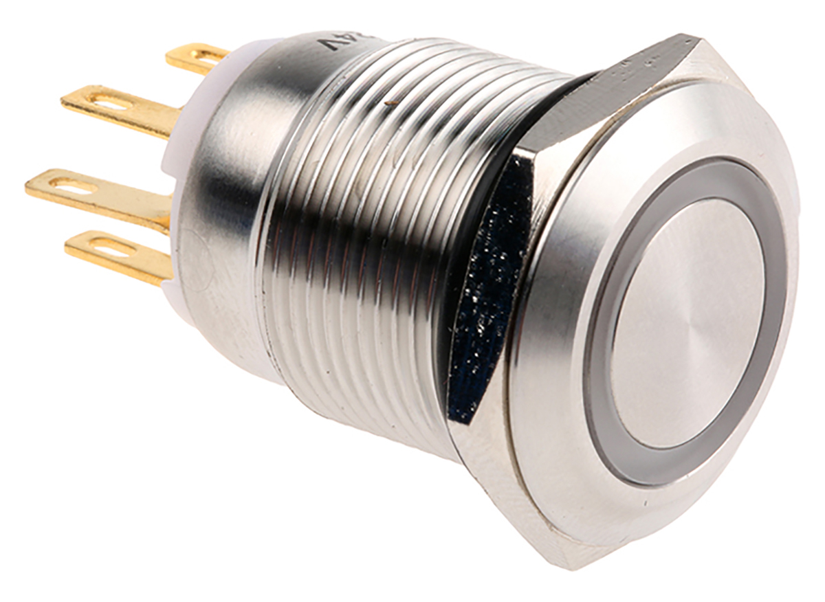 EOZ R Series Illuminated Push Button Switch, Momentary, Panel, 19 mm Cutout, DPDT, Green LED, IP65 250 V ac