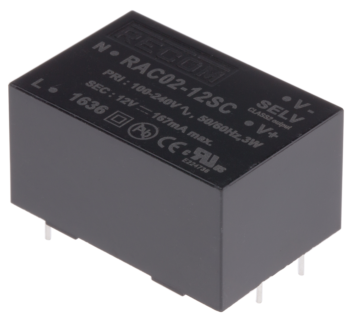 Recom Switching Power Supply, RAC02-12SC 12V dc, 167mA, 2 W, Input 90V ac to  277V ac