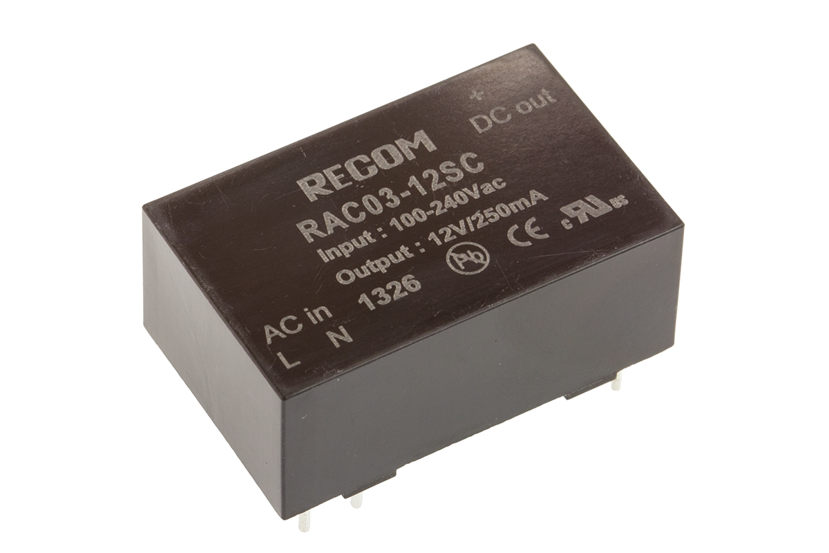 Recom Switching Power Supply, RAC03-12SC 12V dc, 250mA, 3 W, Input 90V ac to  264V ac