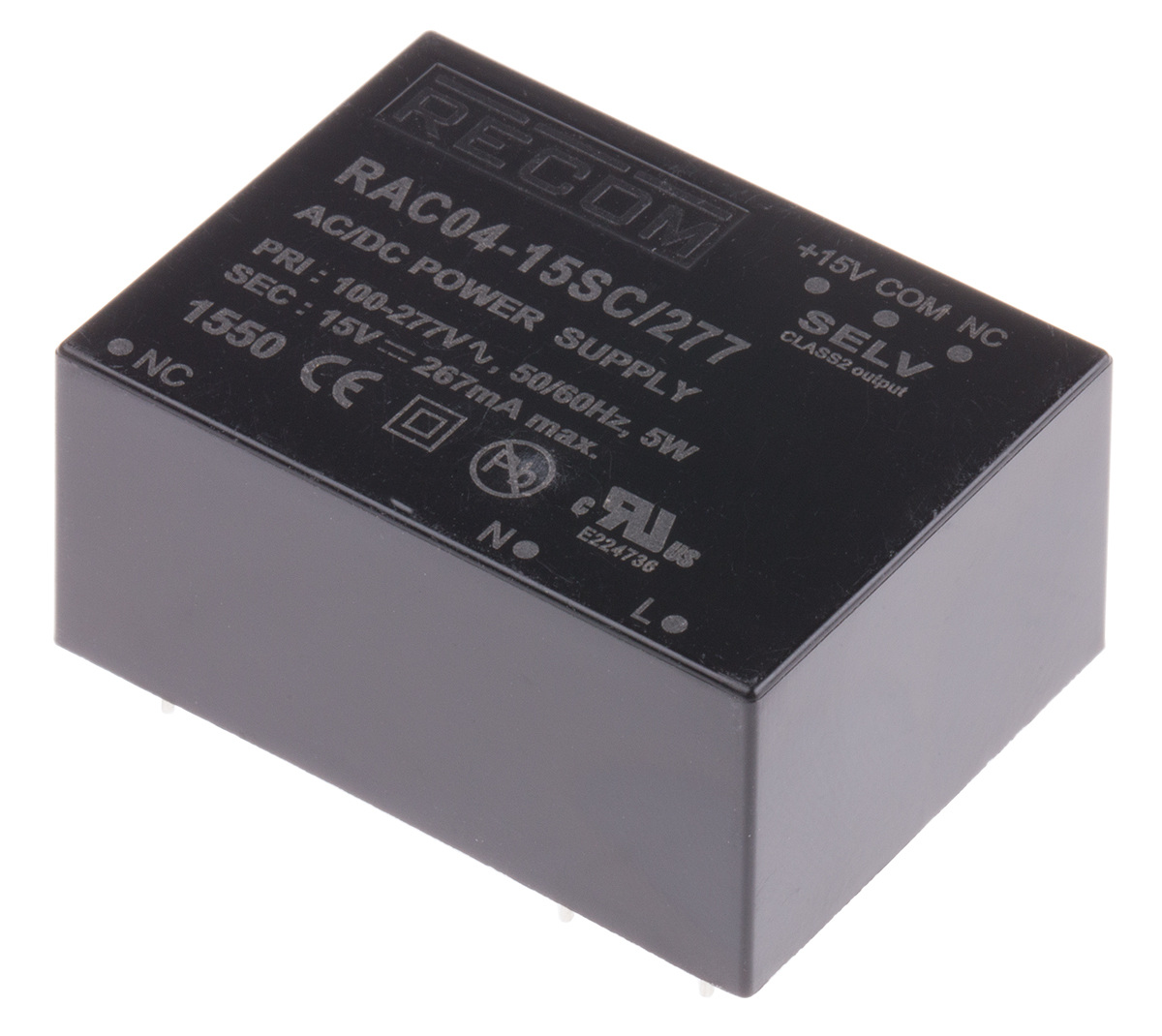 Recom Switching Power Supply, RAC04-15SC/277 15V, 267mA, 4 W, Input 80V ac to  264V