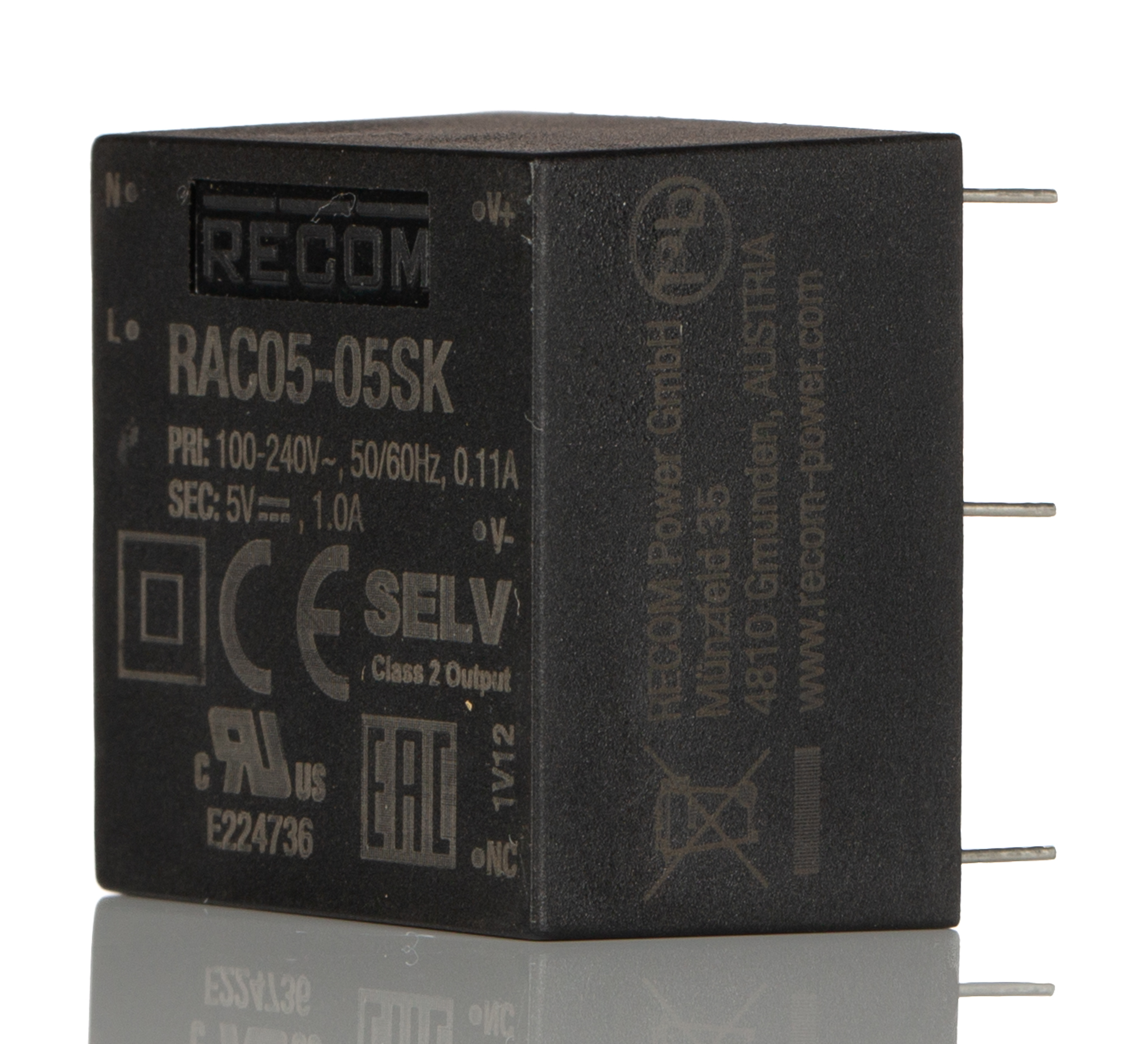 Recom Switching Power Supply, RAC05-05SK 5V dc, 1A, 5 W, Input 80V ac to  264V ac