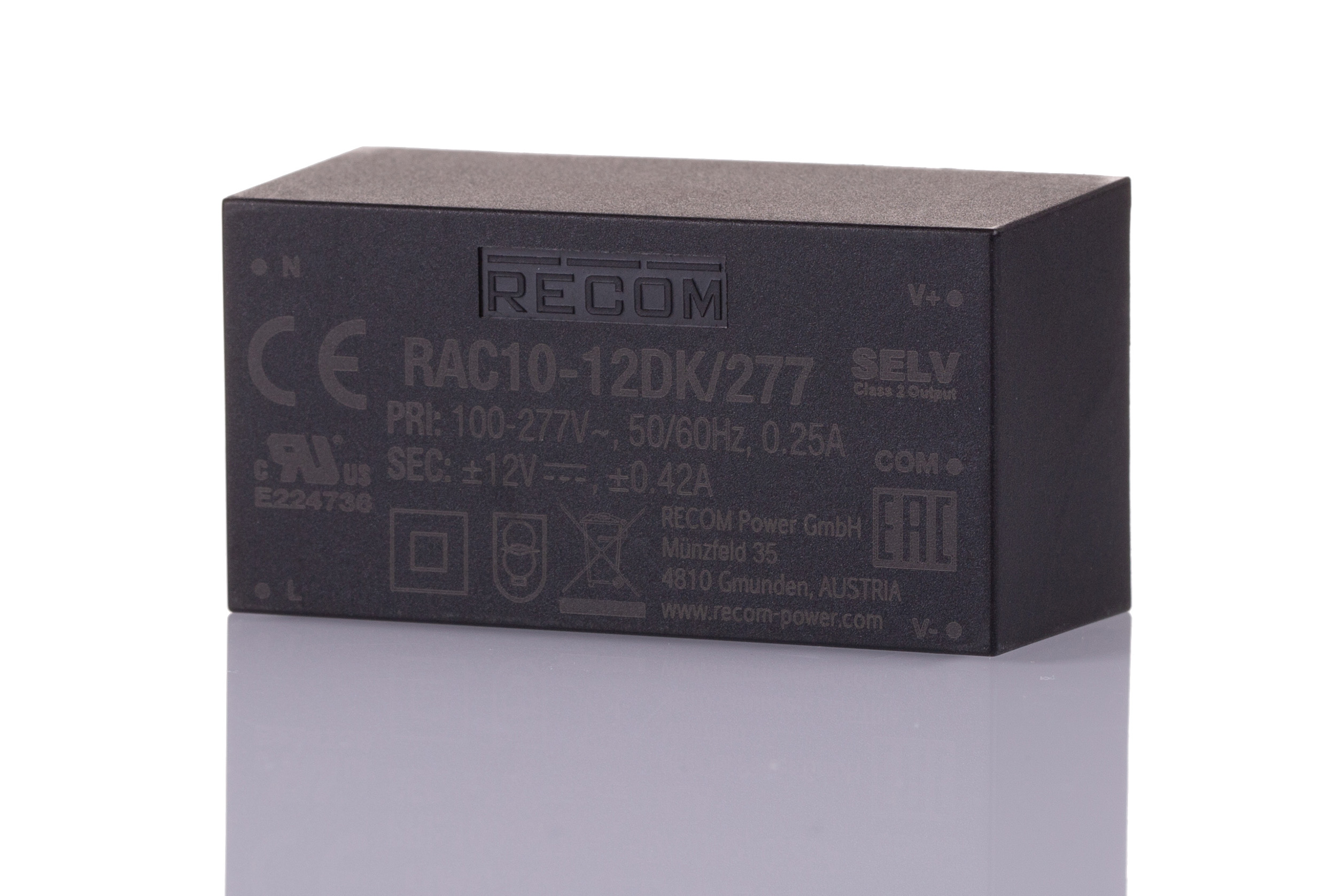 Recom Switching Power Supply 2 Output 12V dc, 420mA, -420 mA, 10 W, Input 85V ac to  305V ac