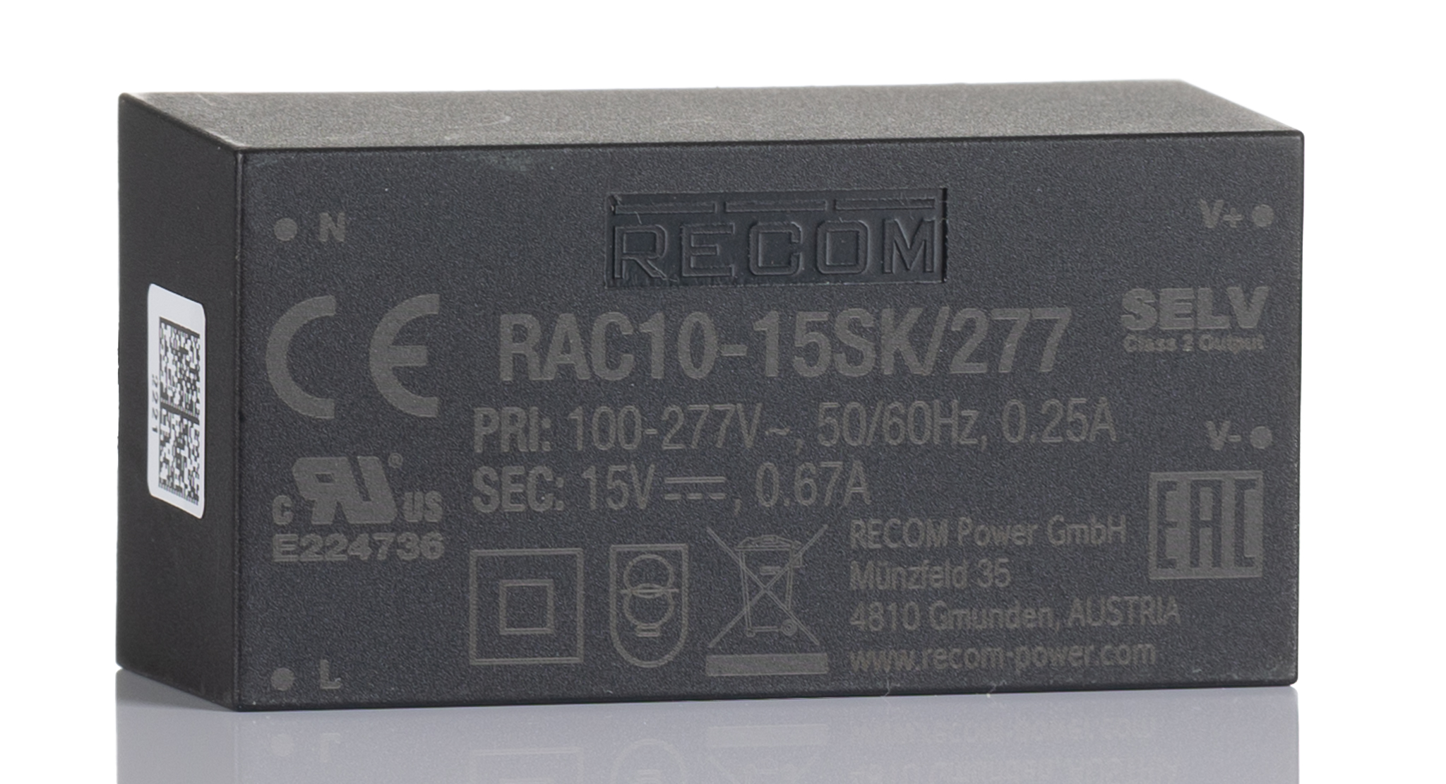 Recom Switching Power Supply 15V dc, 670mA, 10 W, Input 85V ac to  305V ac
