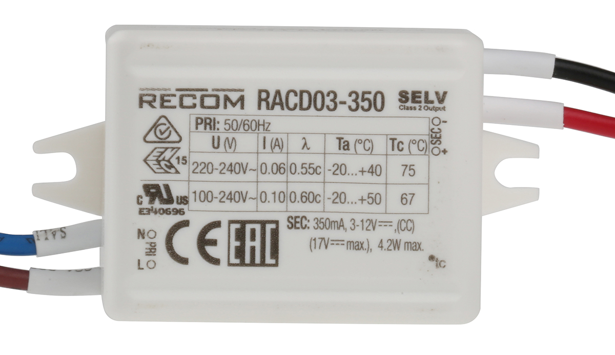 racd03-350 Recom LED Driver, 15V dc, 3 V dc Output, 3 W Output, 350mA