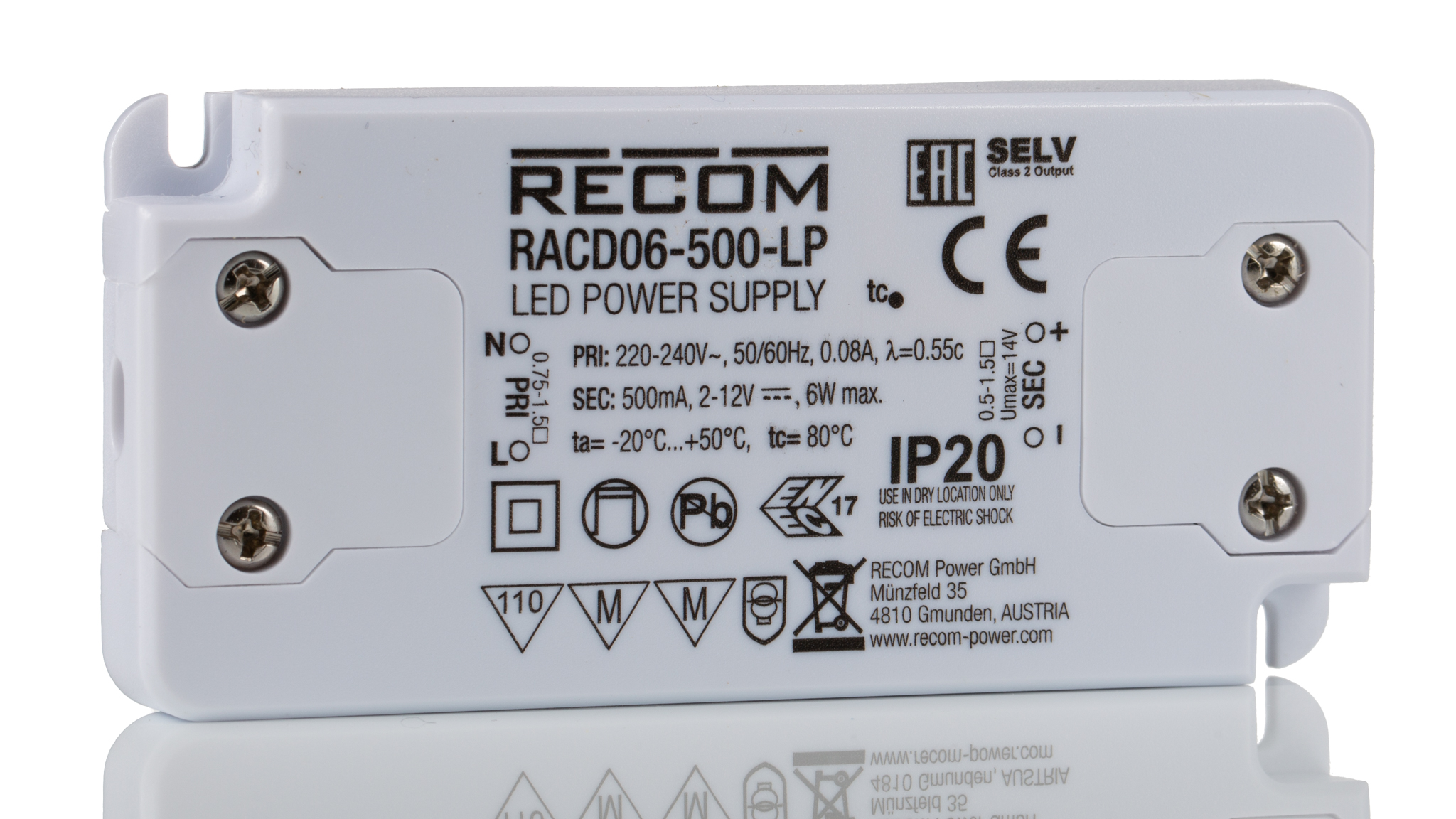 Recom LED Driver, 12V dc, 2 V dc Output, 6 W Output, 500mA