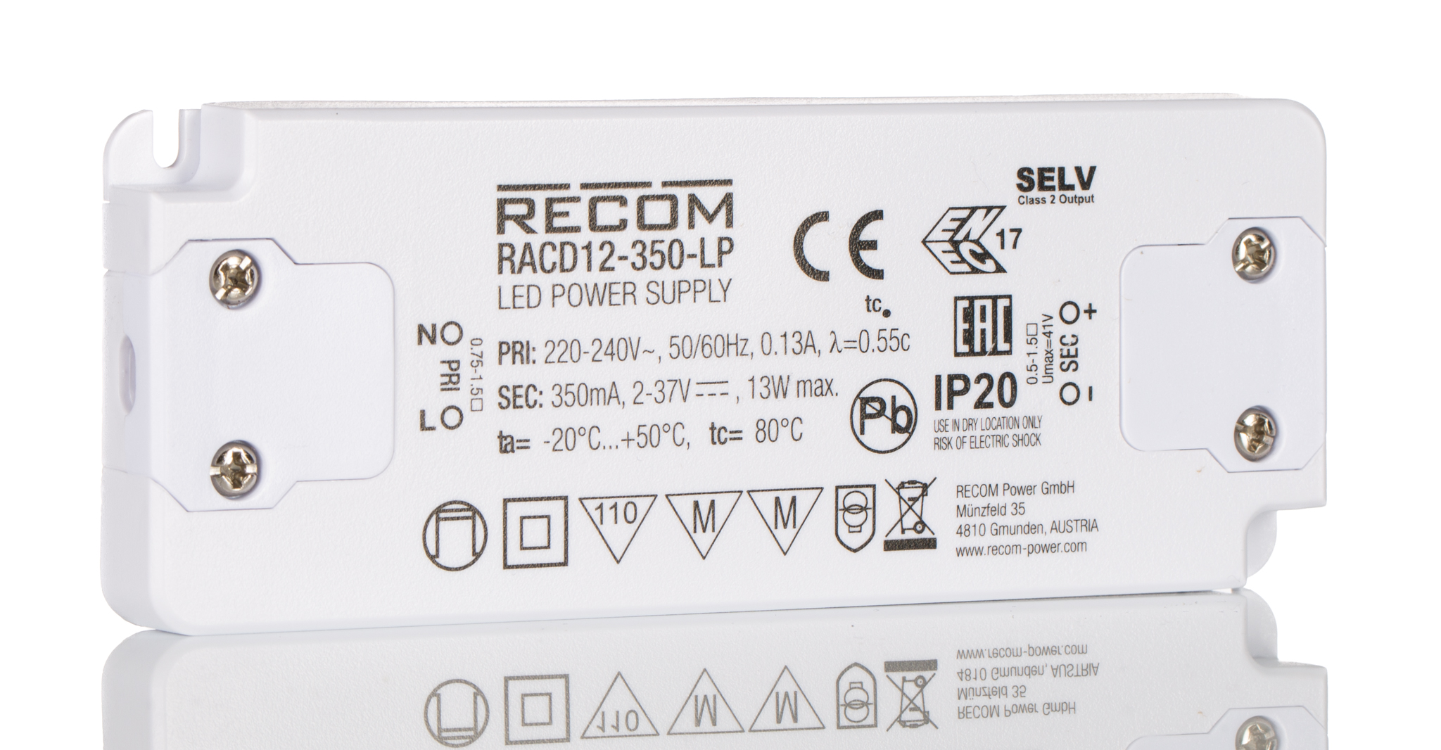 Recom LED Driver, 2V dc, 37 V dc Output, 13 W Output, 350mA