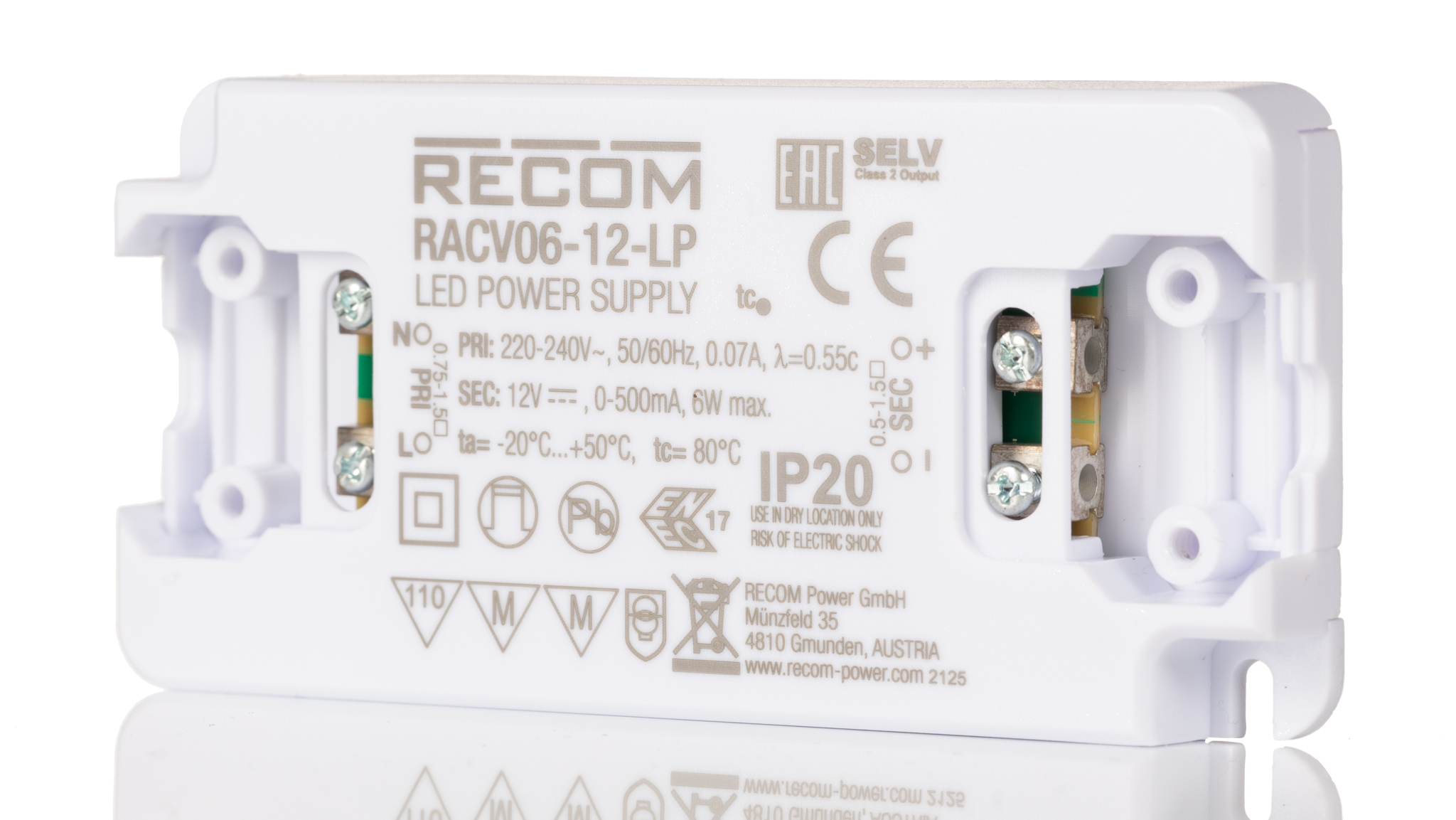 racv06-12-lp Recom LED Driver, 12V dc Output, 6 W Output, 500mA