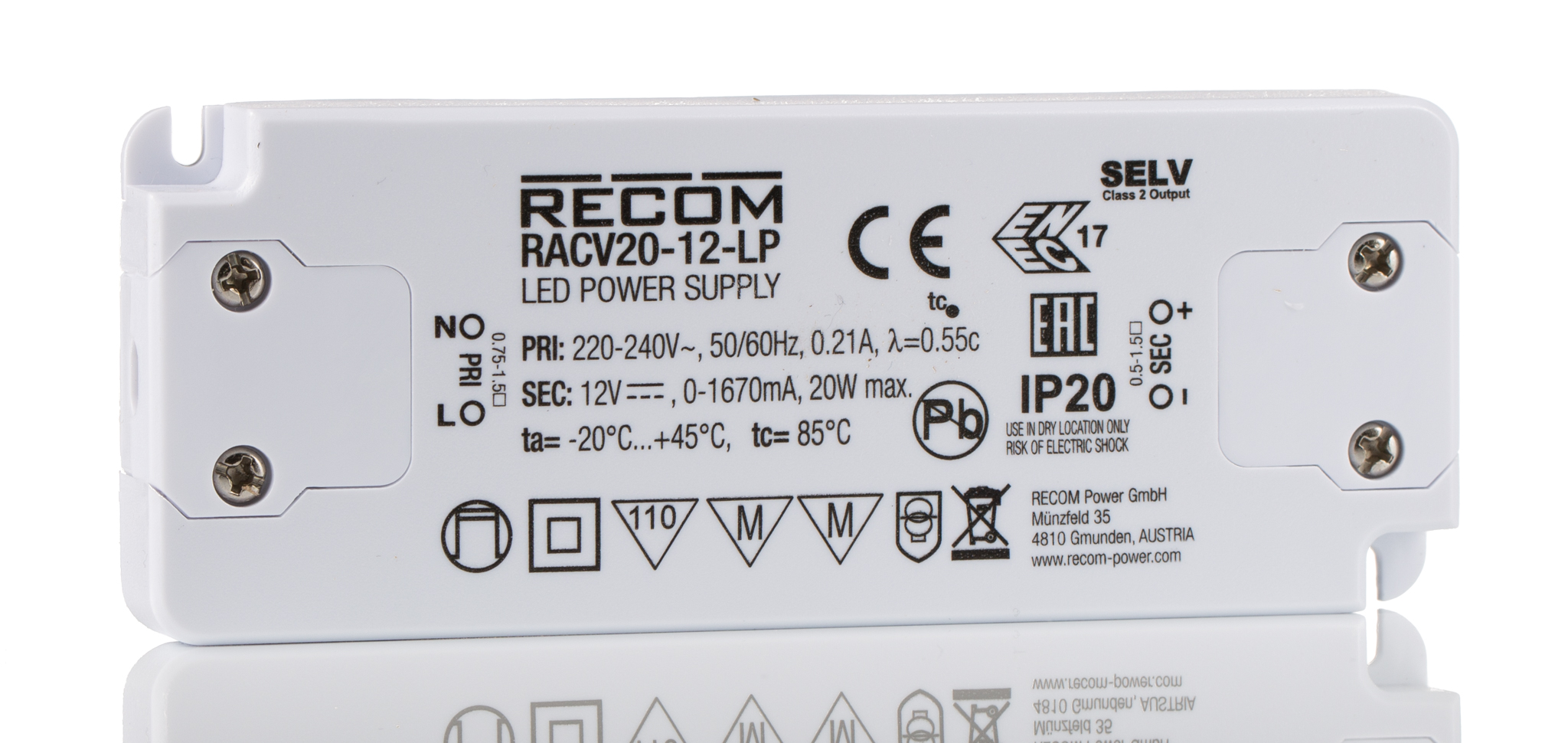 Recom LED Driver, 12V dc Output, 20 W Output, 1670mA