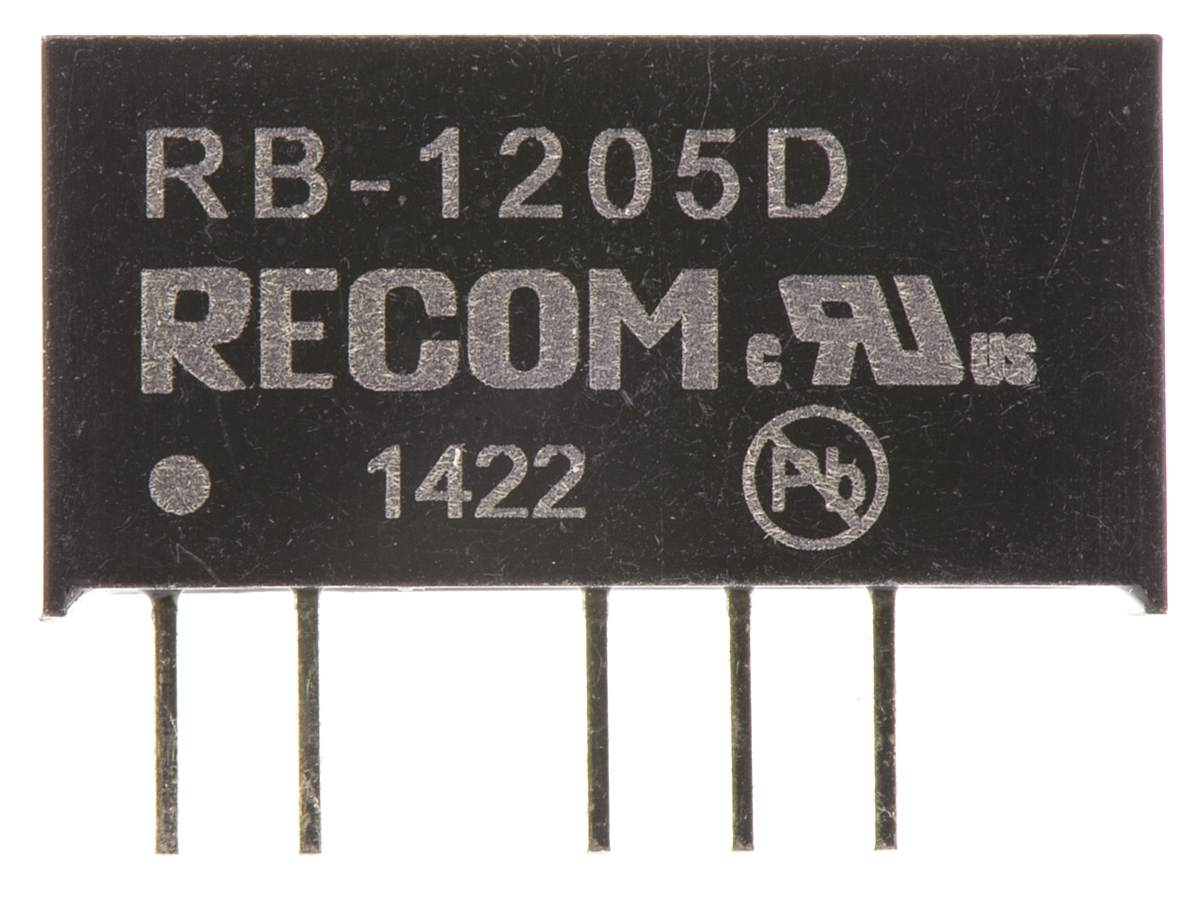 rb-1205d Recom RB DC/DC Converter, 5V, -5 V/ 100 mA, 13.2V dc Input, 10.8V Input 1 W, Through Hole, 85 °C Max Temp -40 °C Min