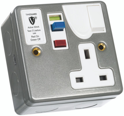 Timeguard 13A, Active 1 RCD Socket, Plastic, Metal, Surface, Recessed Switched, BS7288, BS1363-2, 230V ac, White, Metal