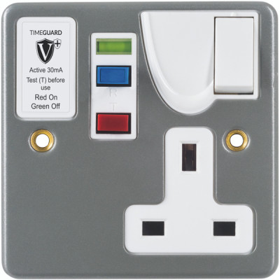 rcd03mavn Timeguard 13A, Active 1 RCD Socket, Plastic, Metal, Surface, Recessed Switched, BS7288, BS1363-2, 230V ac, White, Metal
