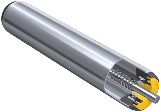 Interroll Zinc Plated Steel Round Conveyor Roller Conveyor Roller Spring Loaded 40 mm Dia. x 400 mm L, 3000 N, 8 mm
