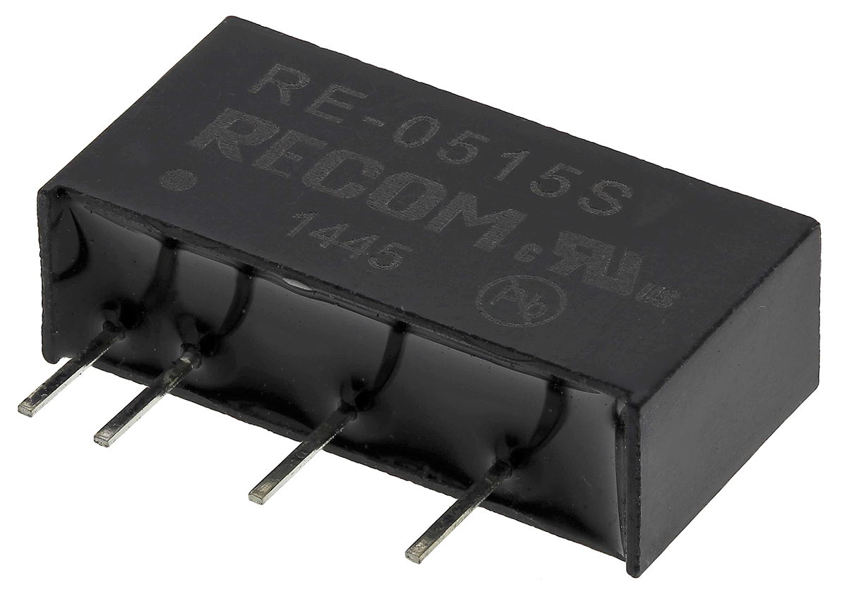 Recom RE DC/DC Converter, 15V dc/ 66 mA, 5V dc Input, 4.5V Input 1 W, Through Hole, 85 °C Max Temp -40 °C Min Temp,