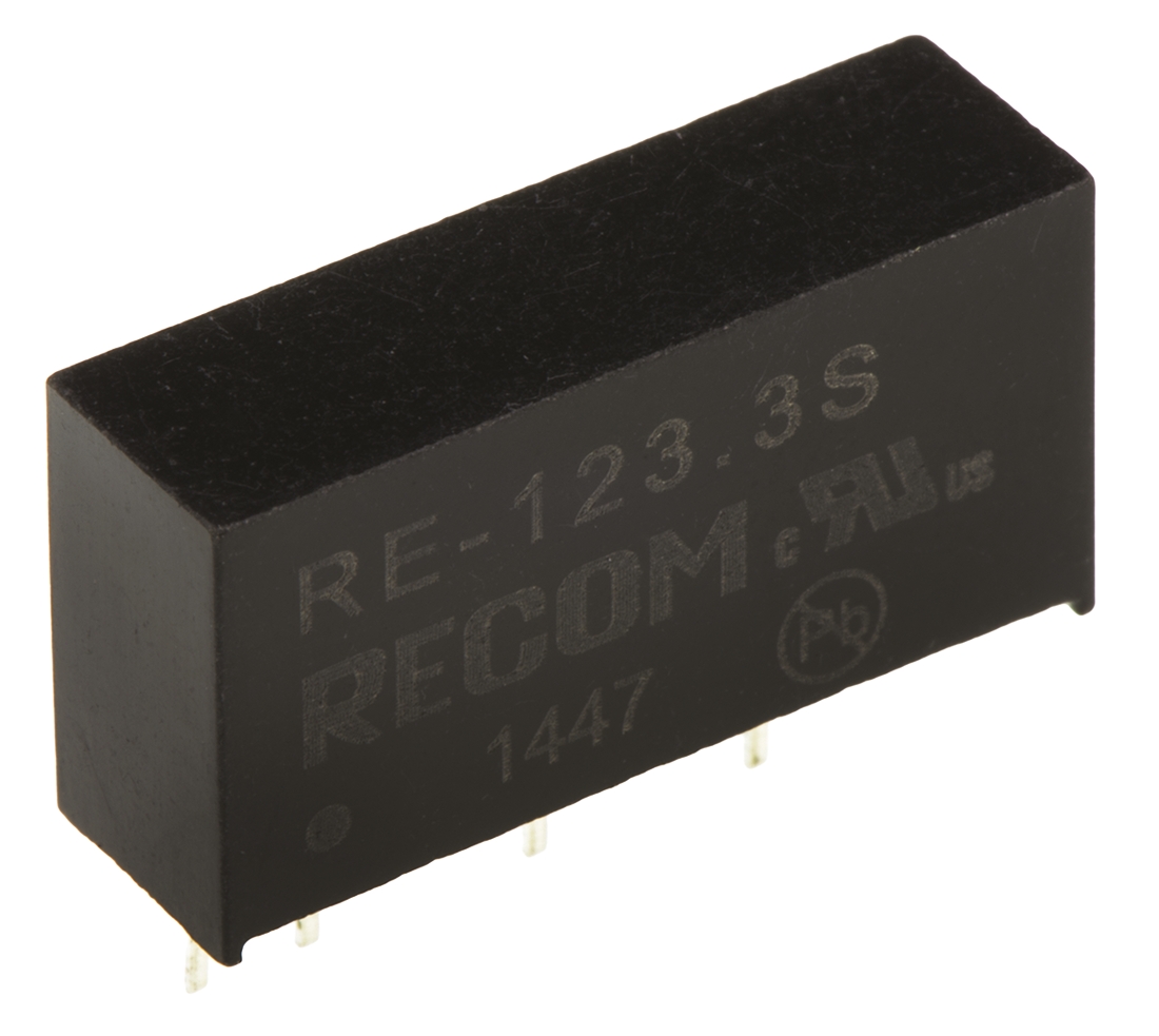 Recom RE DC/DC Converter, 3.3V dc/ 300 mA, 12V dc Input, 0V Input 1 W, Through Hole, 85 °C Max Temp -40 °C Min Temp,