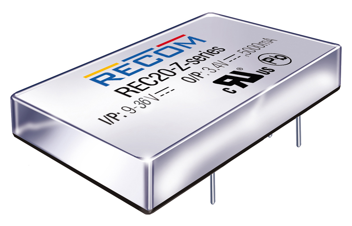Recom REC20-Z DC/DC Converter, 3.4V dc/ 5 A, 24V dc Input, 9V Input 20 W, Through Hole, 100 °C Max Temp -40 °C Min Temp,