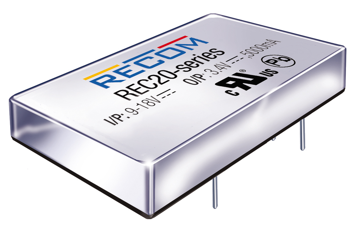Recom REC20 DC/DC Converter, 5V dc/ 4 A, 24V dc Input, 18V Input 20 W, Through Hole, 100 °C Max Temp -40 °C Min Temp,