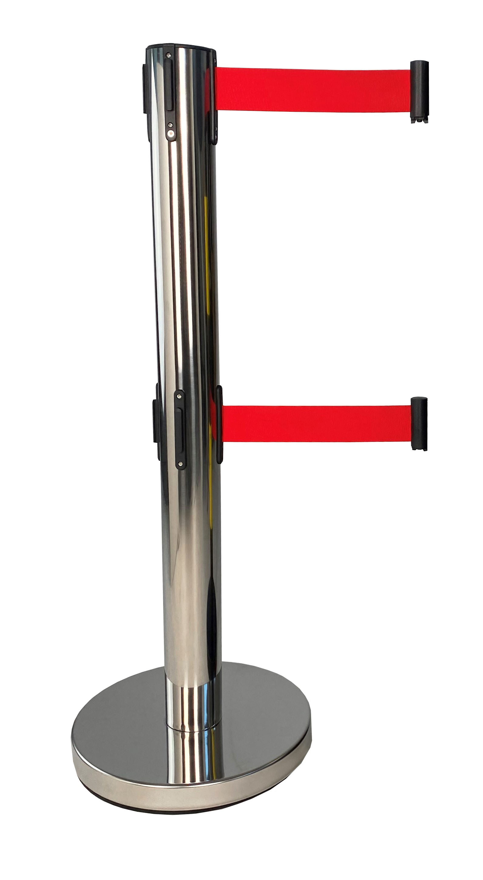 Viso Chrome Strap Post, Red Tape, Stainless Steel, Polyester, Retractable Barrier, 4 m