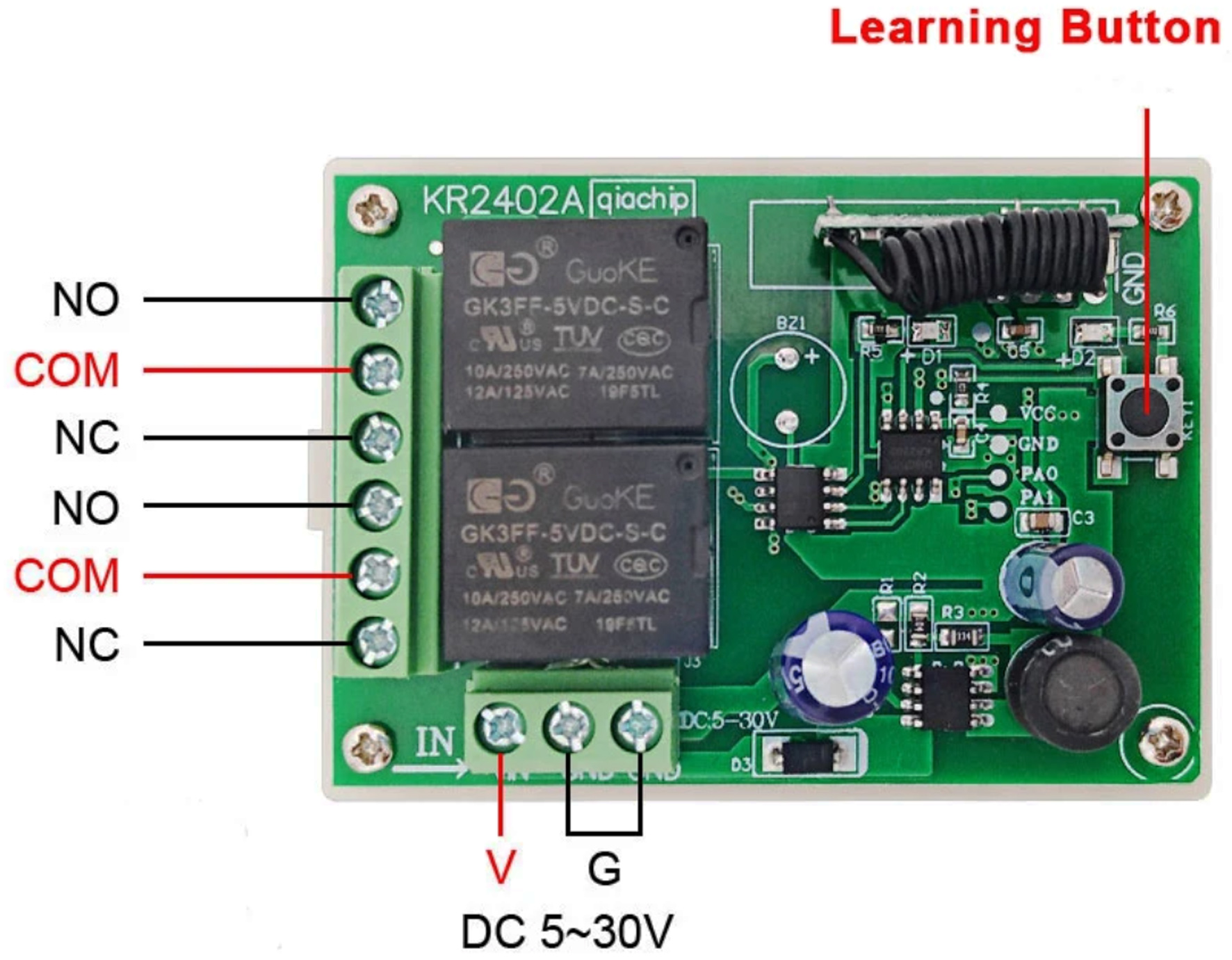 rem01-2ch-5-24v Seeit REM01-2CH-5-24V Relay Control Card OOK, ASK Module for Remote Control Switch 433 MHz REM01-2CH-5-24V