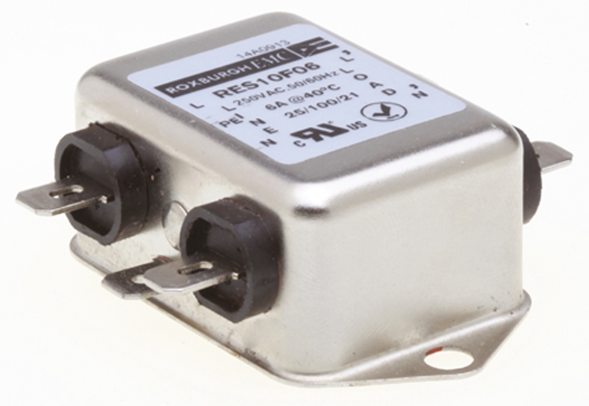 Roxburgh EMC, RES10 6 A 250V ac 400Hz, Chassis Mount RFI Filter, Fast-On 1 Phase