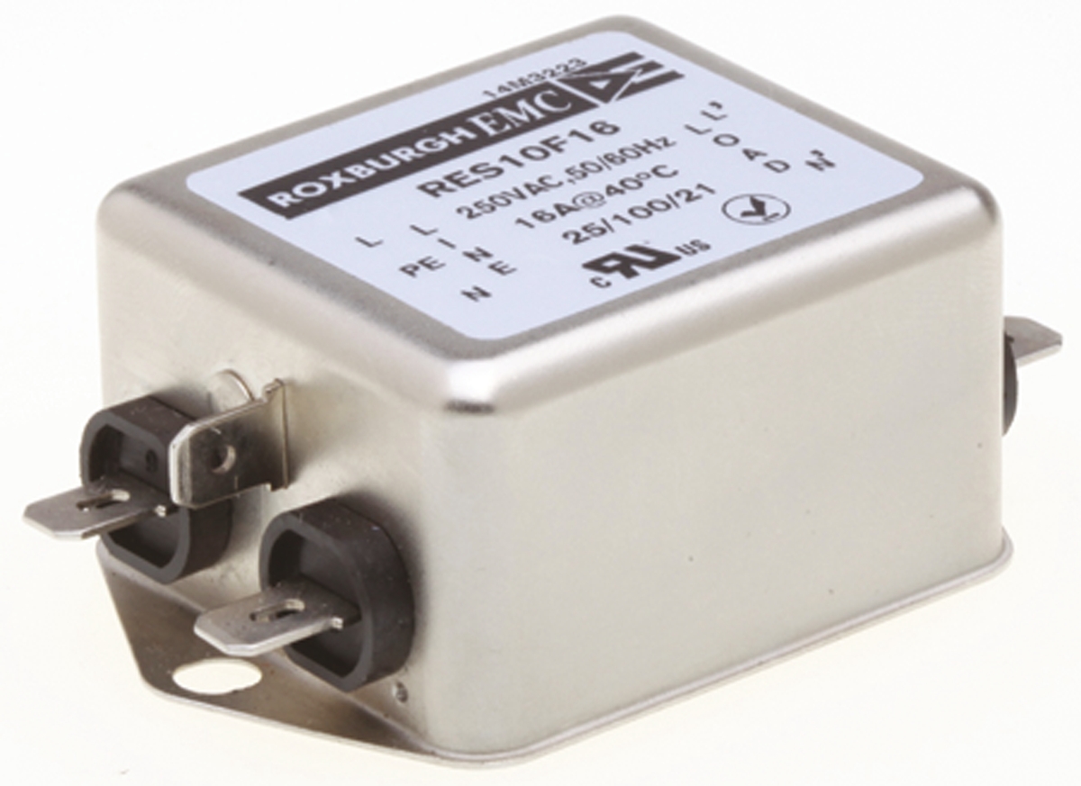Roxburgh EMC, RES10 16 A 250V ac 400Hz, Chassis Mount RFI Filter, Fast-On 1 Phase