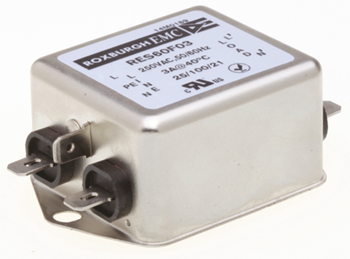 Roxburgh EMC, RES60 3 A 250V ac 400Hz, Chassis Mount RFI Filter, Fast-On 1 Phase
