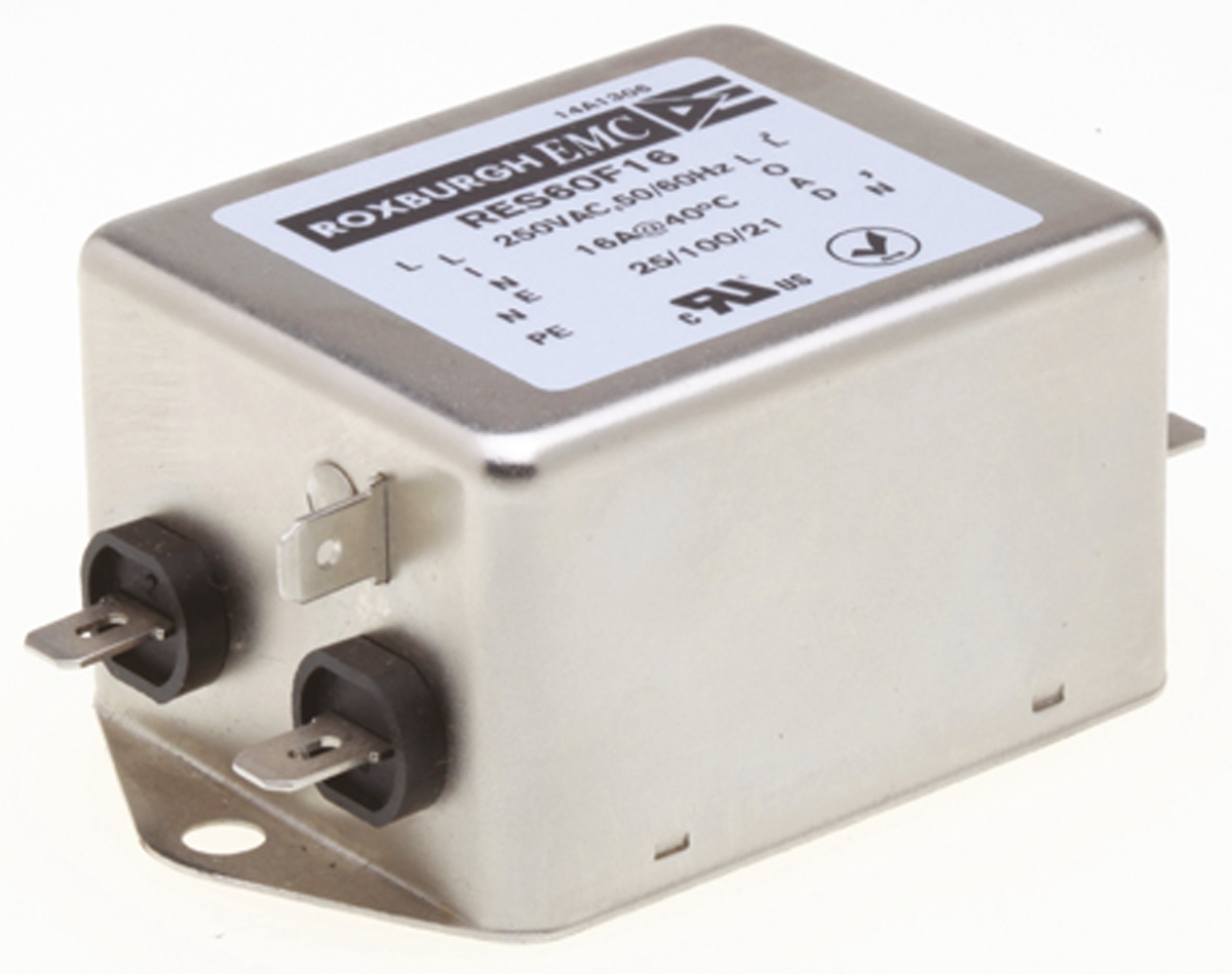 Roxburgh EMC, RES60 16 A 250V ac 400Hz, Chassis Mount RFI Filter, Fast-On 1 Phase