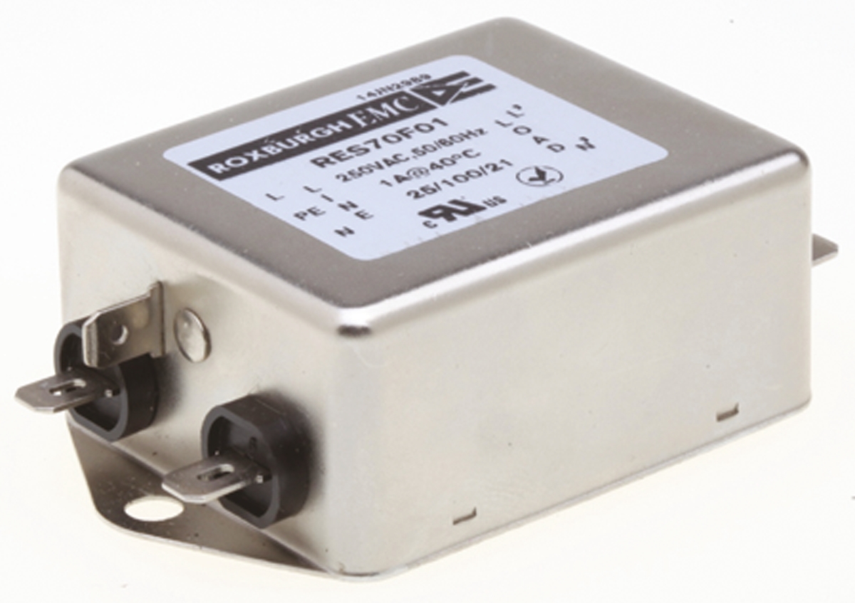 Roxburgh EMC, RES70 1 A 250V ac 400Hz, Chassis Mount RFI Filter, Fast-On 1 Phase