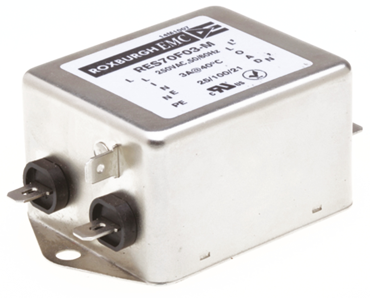 Roxburgh EMC, RES70 3 A 250V ac 400Hz, Chassis Mount RFI Filter, Fast-On 1 Phase