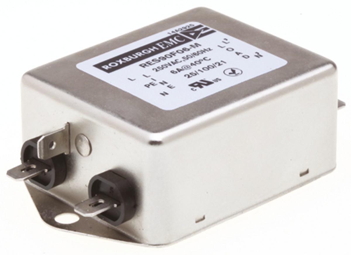 Roxburgh EMC, RES90 6 A 250V ac 60Hz, Chassis Mount RFI Filter, Fast-On 1 Phase