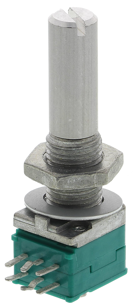 Alps Alpine RK097 10 kΩ Rotary Carbon Film Potentiometer 1-Turns 1-Gang Panel Mount, Through Hole, RK09712200JB