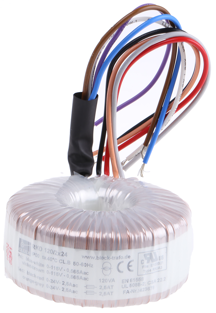 Block 230 V ac 2 x 24 V ac Toroidal Transformer 2 Output 120 VA, UL, cURus, EAC, RoHS