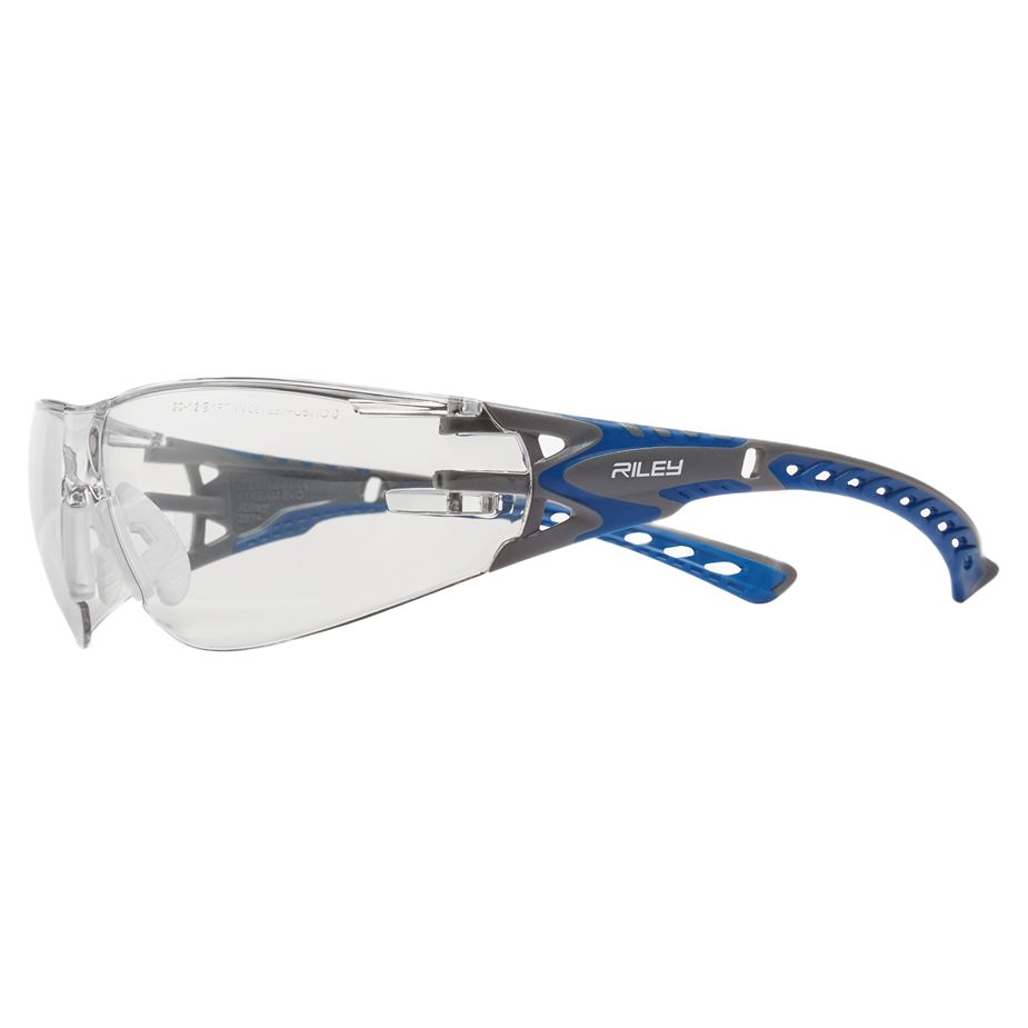 Riley STREAM EVO Safety Glasses, Moisture Resistant, Clear, Blue, Grey Polycarbonate Lens, Tr90 Thermoplastic,