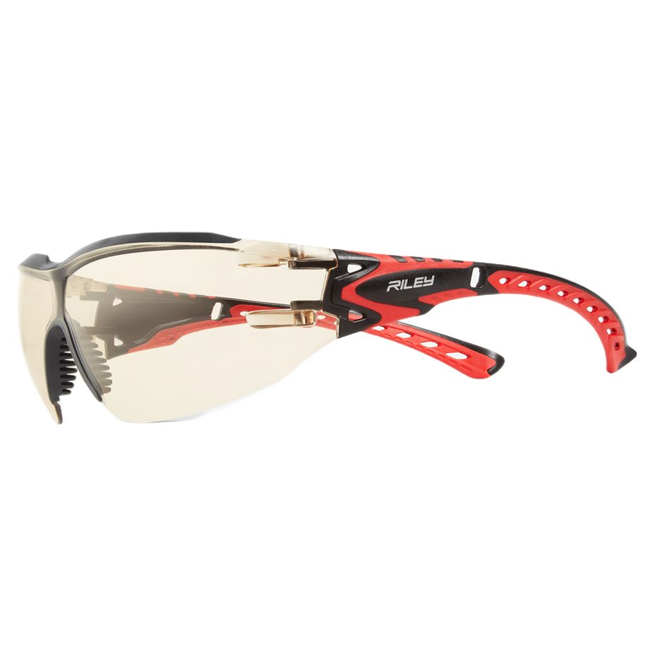 Riley Sparta Eco Safety Glasses, Moisture Resistant, Black, Red Polycarbonate Lens, Thermoplastic Elastomer, Tr90