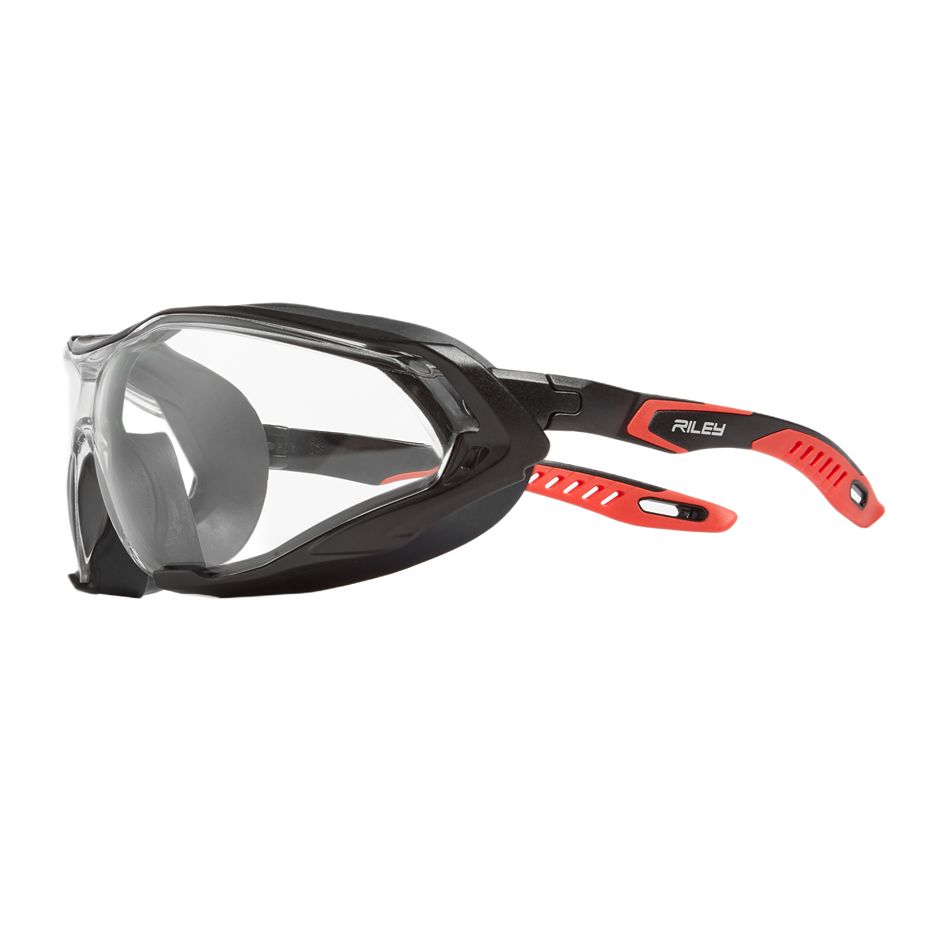 Riley Sparta Pro Safety Glasses, Moisture Resistant, Clear, Red, Black Polycarbonate Lens, Thermoplastic Elastomer