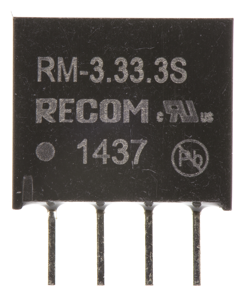 rm-3333s Recom RM DC/DC Converter, 3.3V dc/ 76 mA, 3V dc Input, 0V Input 2 W, Through Hole, 85 °C Max Temp -40 °C Min Temp, 4-Pin