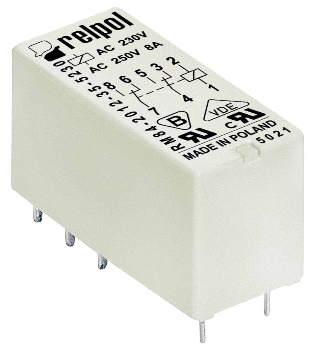 Relpol PCB Power Relay, 5V dc Coil, 8A Switching Current, DPDT