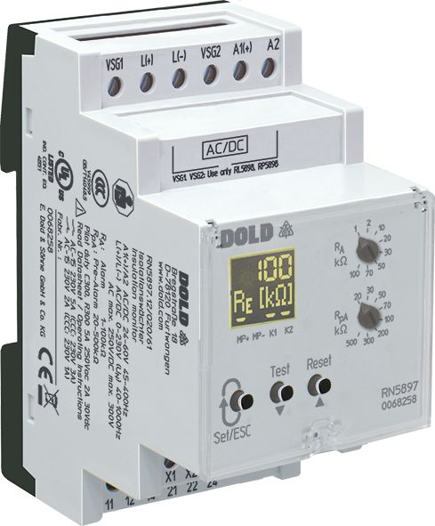 Dold Insulation Monitor, SPDT, DIN Rail, 2A to 5A, 500 to 1000 V dc, 400V ac, 690 V ac