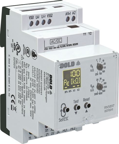 Dold Insulation Monitor, SPDT, DIN Rail, 2A to 5A, 500 to 1500 V dc, 100V ac, 400 V ac