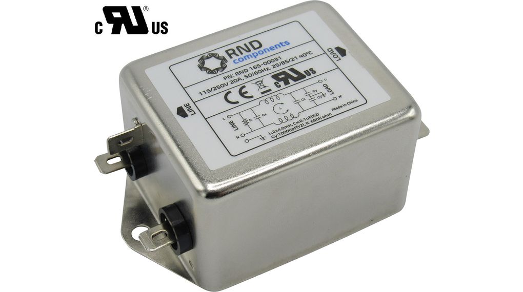 RND, RND 165 20 A 250V 50Hz, Chassis Mount EMI Filter, Quick Connect 1 Phase