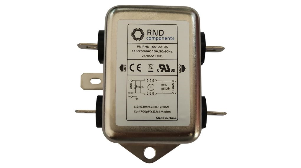 RND, RND 165 10 A 250V 50Hz, 60 Hz, Chassis Mount EMI Filter, Tab 1 Phase