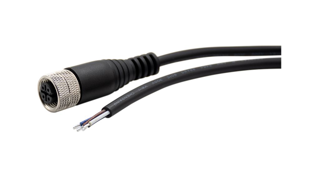 RND Female 4 way M12, Straight to Straight Connector Cable, 2 m