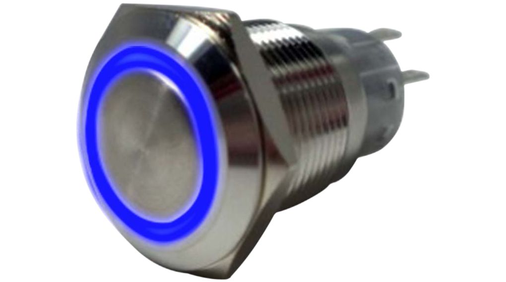 RND RND 210 Series Illuminated Push Button Switch, On-On, Panel, 19 mm Cutout, 1 NO/1 NC, Blue LED, IP67 250 V ac